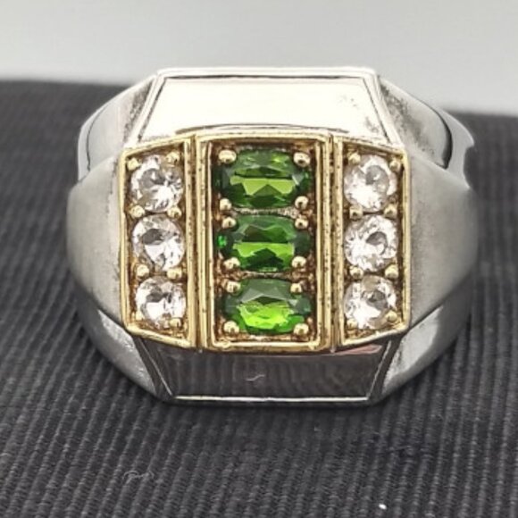 Silver Green Garnet & White Zircon Men's Ring - Michael Valitutti